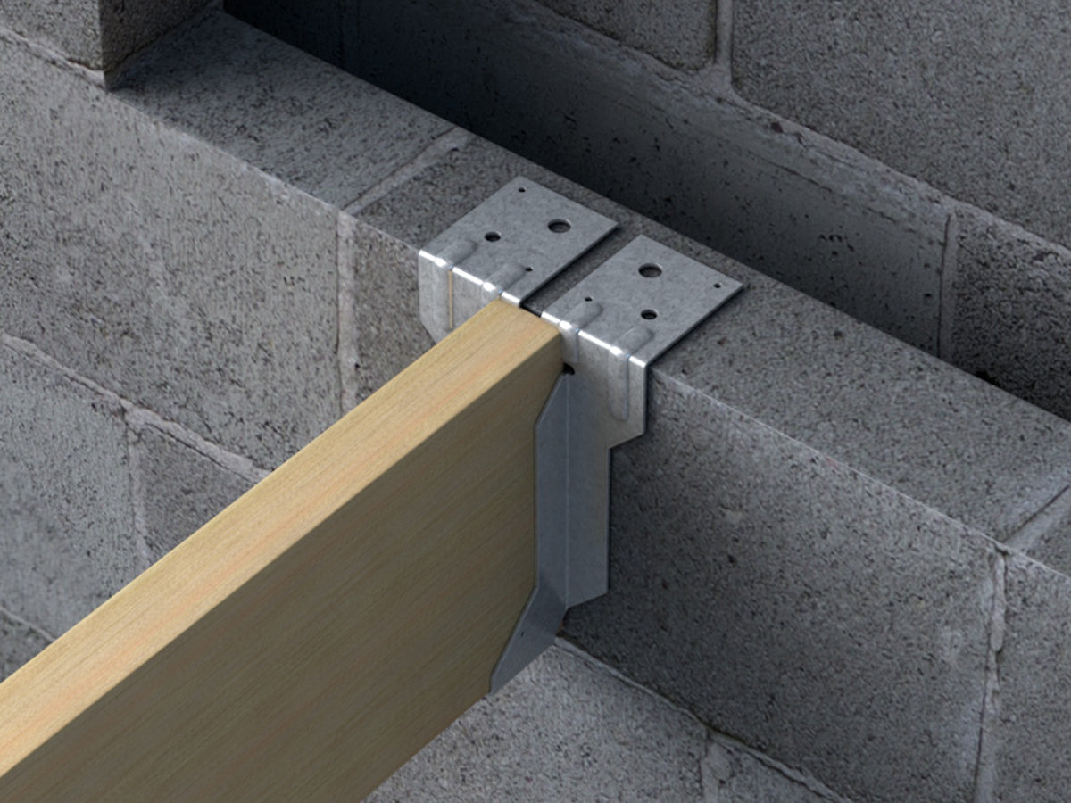 BPC SMH Type S masonry joist hanger shown installed; representative size