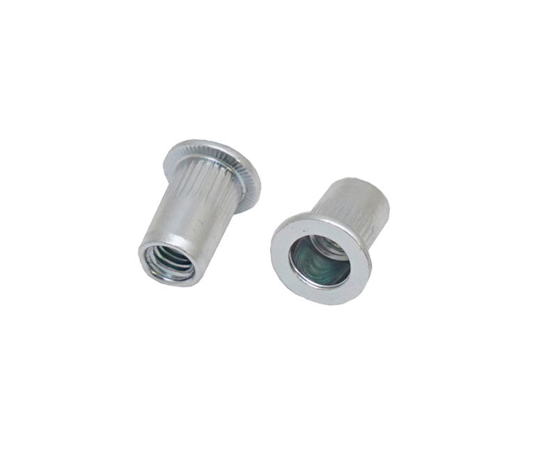 JRP flat head steel round knurled rivet nuts — official supplier range photograph; size and pack contents as listed.