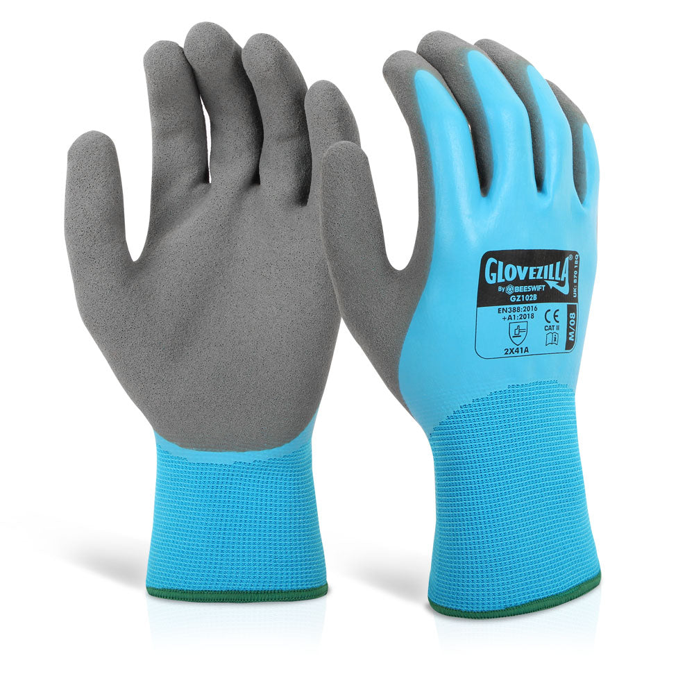 Glovezilla Waterproof Latex Gripper Glove Blue Large GZ102BL