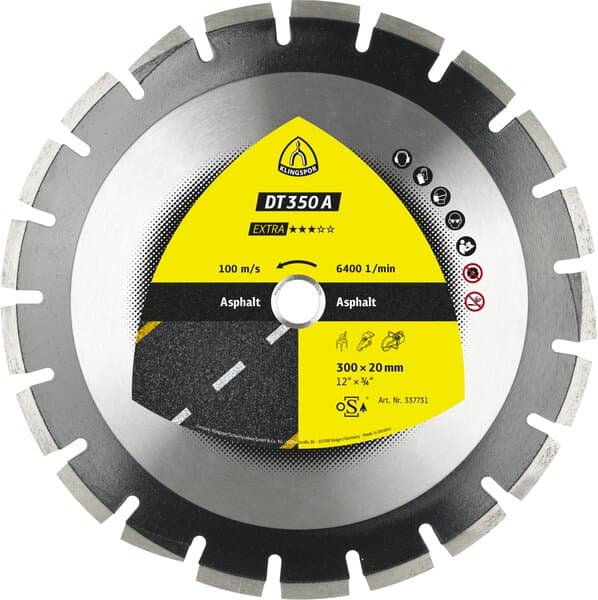 Klingspor DT350 A Diamond cutting blade. 350 x 3.2 x 20mm 21 segments 40 x 3.2 x 10mm Wide gullet — manufacturer range photo; size and pack quantity as listed