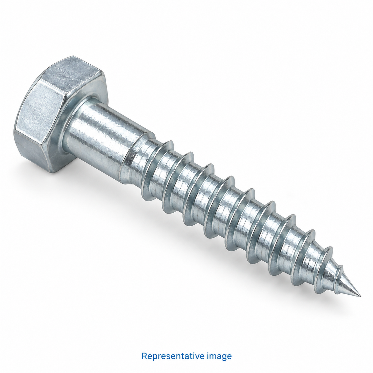 Representative hexagonal head coach screw with coarse wood thread and sharp tapered point; size and specification vary — see product details