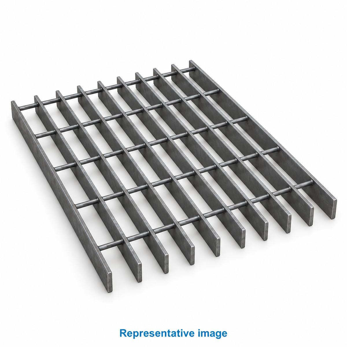 Representative rectangular open steel floor grating panel, parallel bearing bars connected by thinner cross bars; size and specification vary — see product details