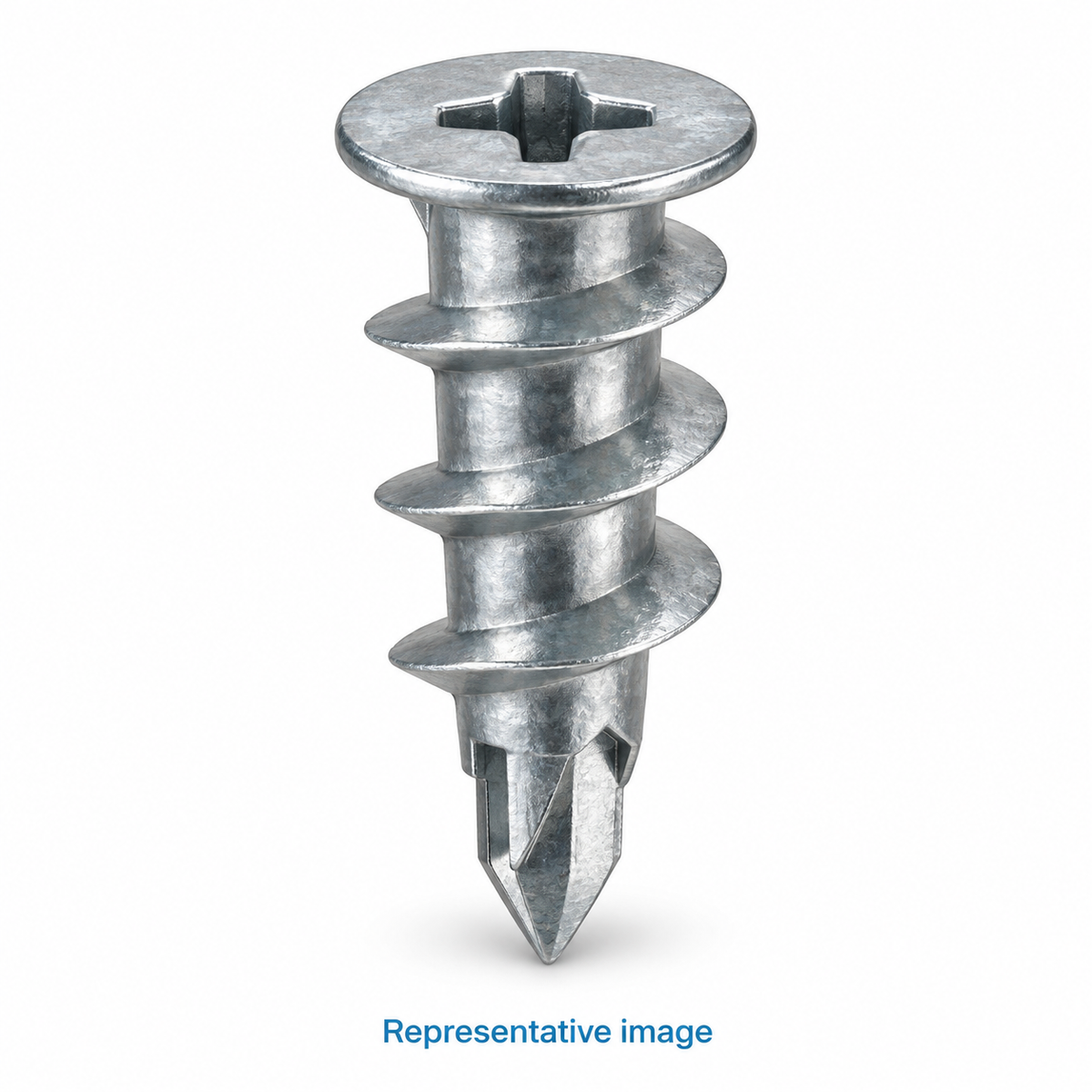Representative self-drilling plasterboard anchor with broad helical outer thread and cross recess at flanged top; size and specification vary — see product details
