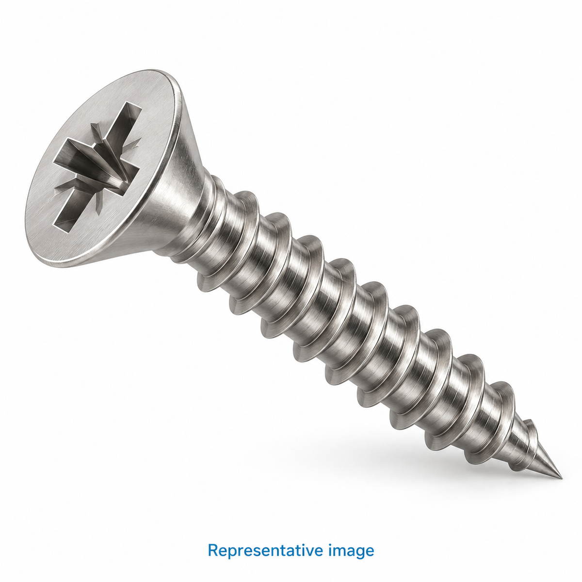 Representative pozidriv cross-recess countersunk screw with coarse thread and sharp tapered point; size and specification vary — see product details