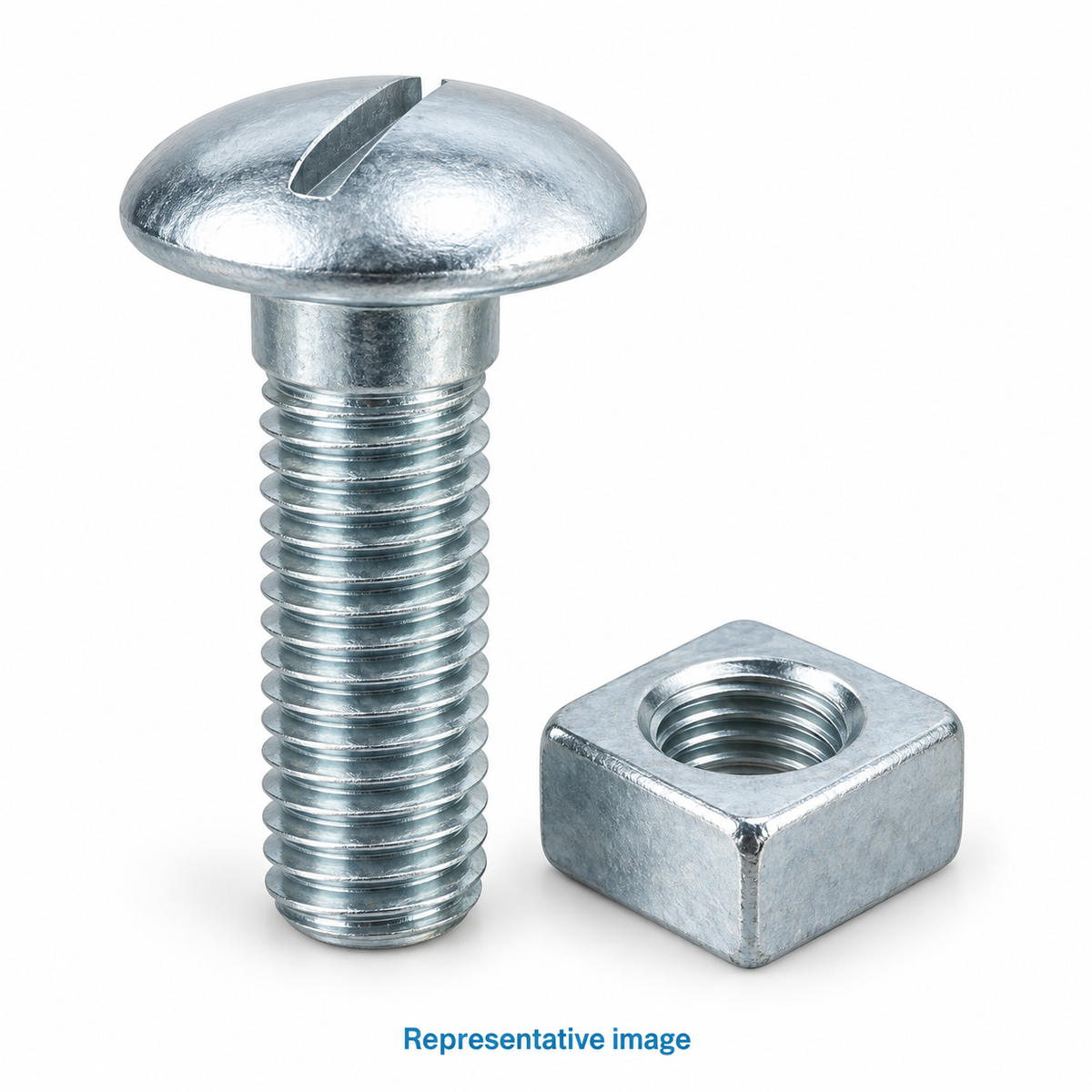 Representative mushroom head roofing bolt with straight screwdriver slot, threaded shank, beside a square nut; size and specification vary — see product details