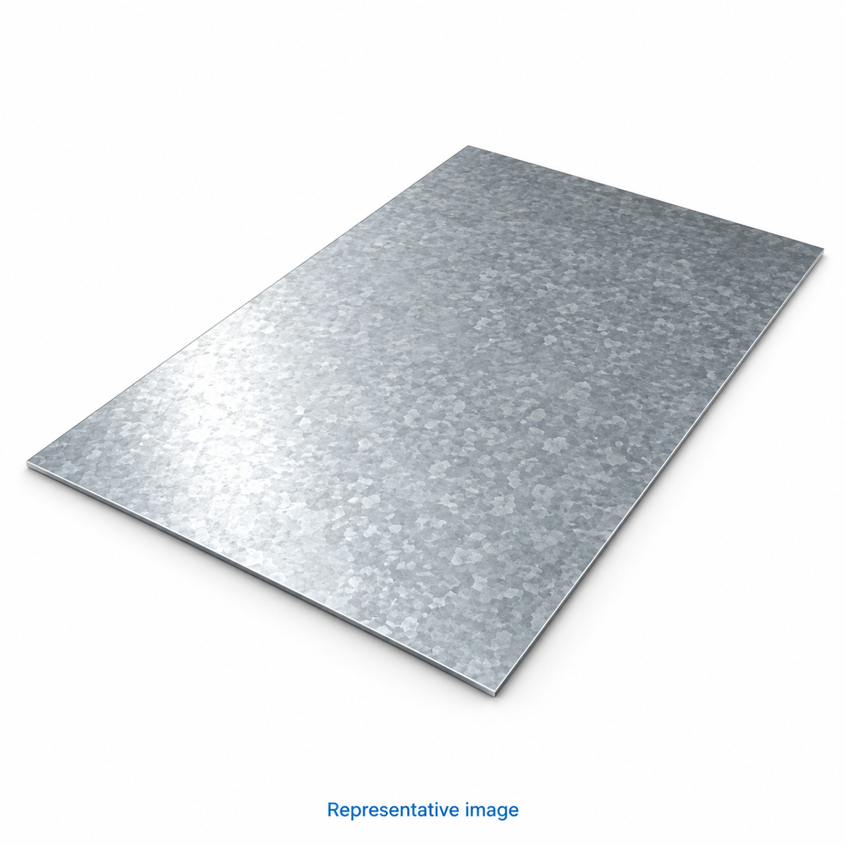 Representative smooth thin rectangular galvanised steel sheet with subtle zinc spangle; size and specification vary — see product details