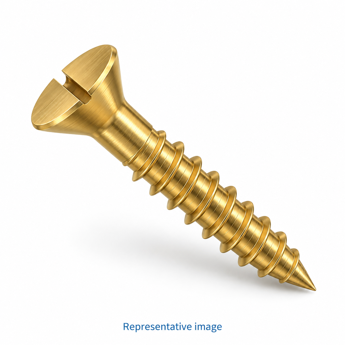 Representative brass slotted countersunk wood screw, single straight slot in conical head, coarse wood thread and tapered point; size and specification vary — see product details