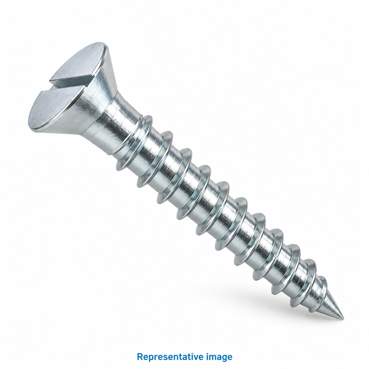 Representative bright silver slotted raised countersunk wood screw, single straight slot and tapered point; size and specification vary — see product details