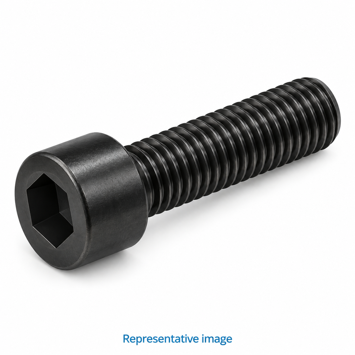 Representative socket cap screw, cylindrical head with recessed hexagonal socket, parallel threaded shank, flat end; size and specification vary — see product details