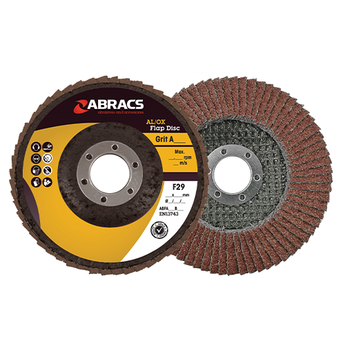 Abracs aluminium oxide flap disc — official supplier range photograph; size and grit as listed