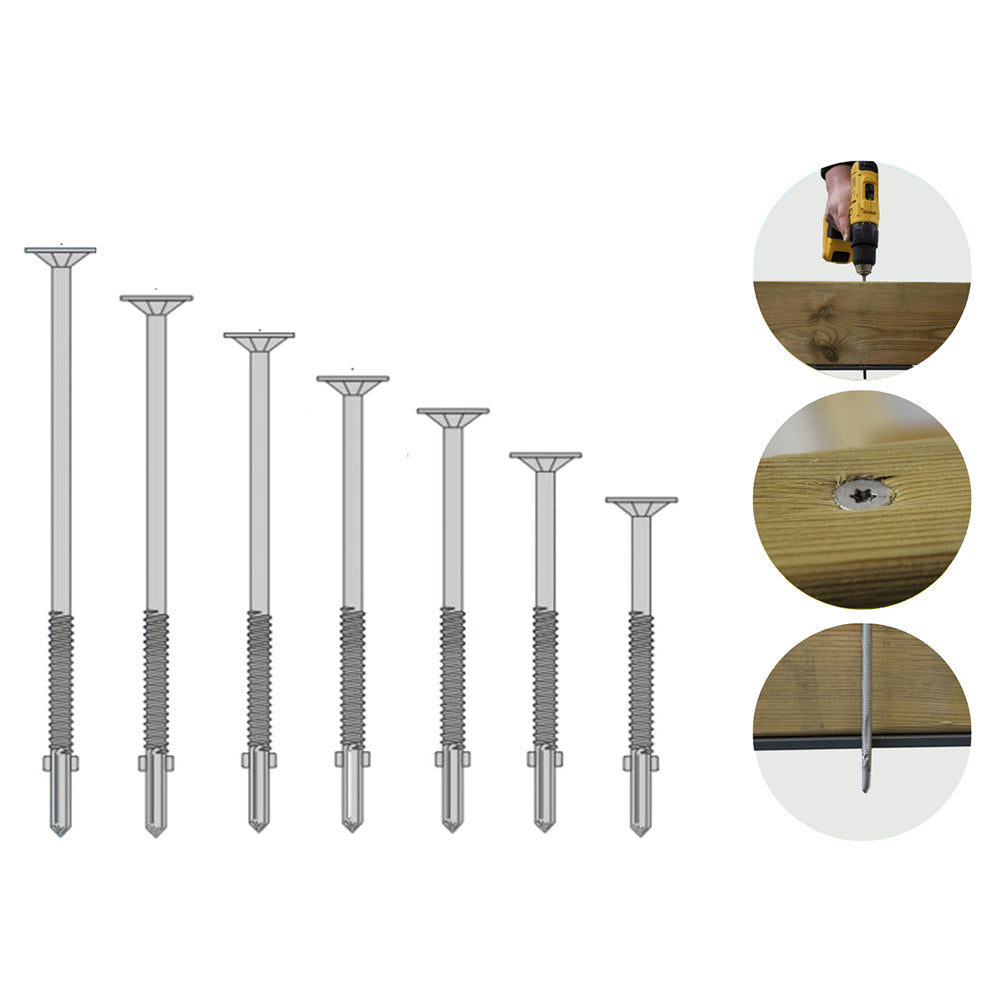 Carpenter's Mate Pro Bolzen timber-to-steel screws — representative range and installation image; length and pack quantity vary.