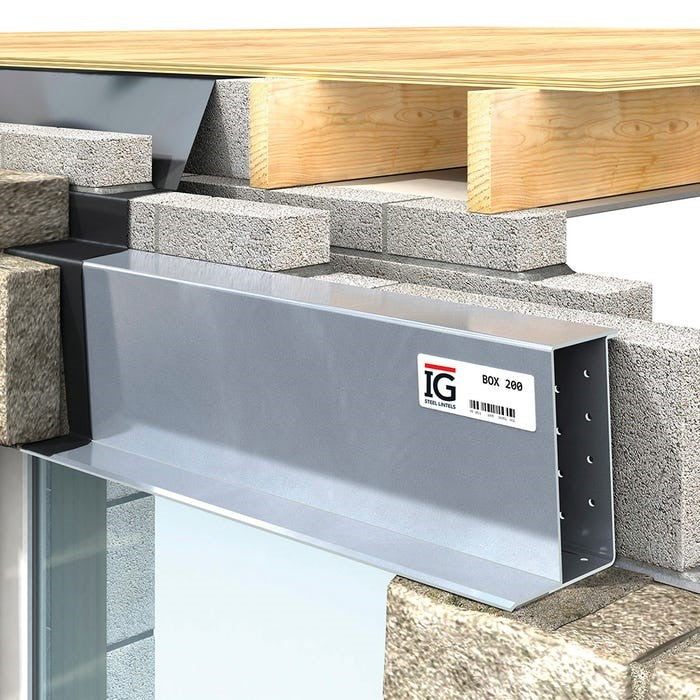 IG BOX 200 steel lintel with extended flange, manufacturer range installation illustration; length and height vary by selected product.