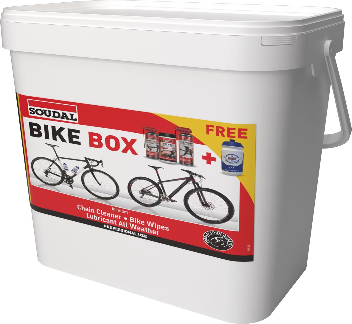 SOUDAL BIKE BOX CONTAINING: BIKES WIPES, ALL WEATHER LUBRICANT AND BIKE CLEANER.