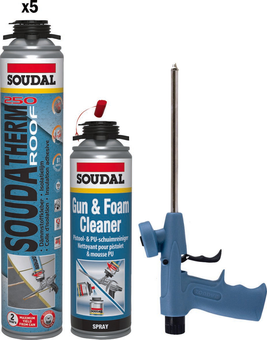 SOUDATHERM ROOF 250* COMBI-BOX APPLICATOR PACK 5 x SOUDATHERM 250 800ML, 1 x SOUDAFOAM 500ml CLEANER, 1 x COMPACT GUN