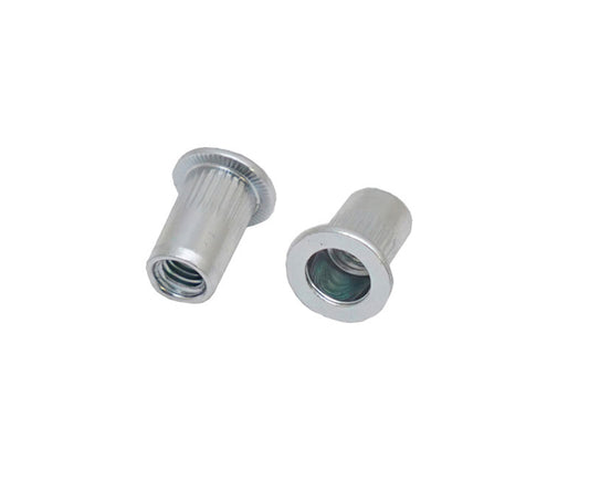 JRP flat head steel round knurled rivet nuts — official supplier range photograph; size and pack contents as listed.