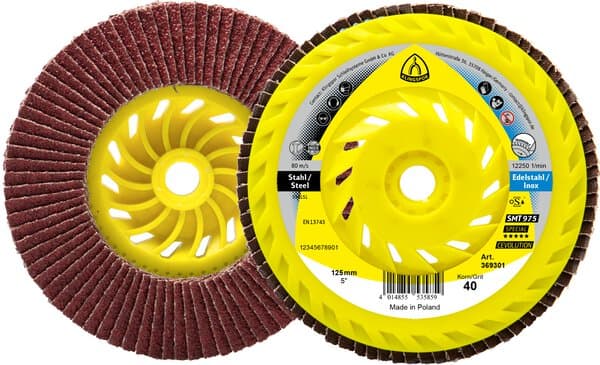 Klingspor SMT 975 ceramic flap disc with M14 threaded backing - representative manufacturer range image; size and grit vary