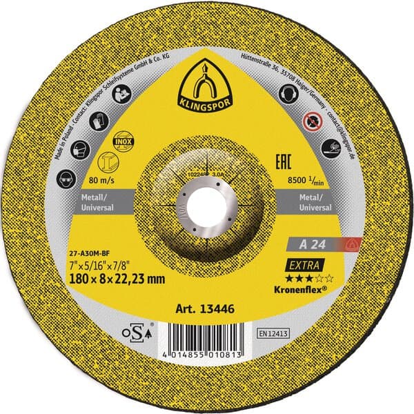 Klingspor 230 x 6 x 22mm Depressed Metal Grinding Disc A 24 EXTRA 13447 — manufacturer range photo; size and pack quantity as listed
