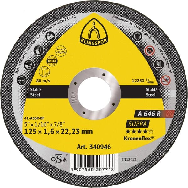 Klingspor 230 x 1.9 x 22mm Flat Metal Cutting Wheel A646 R SUPRA 340943 — manufacturer range photo; size and pack quantity as listed