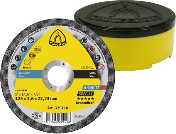 Klingspor 115 x 1.6 x 22mm Flat Metal Cutting Wheel A946 TZ — manufacturer range photo; size and pack quantity as listed