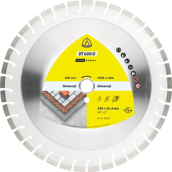 Klingspor DT600 U Diamond cutting blade. 350 x 3 x 20mm 37 segments 24 x 3 x 10mm Short Serration — manufacturer range photo; size and pack quantity as listed