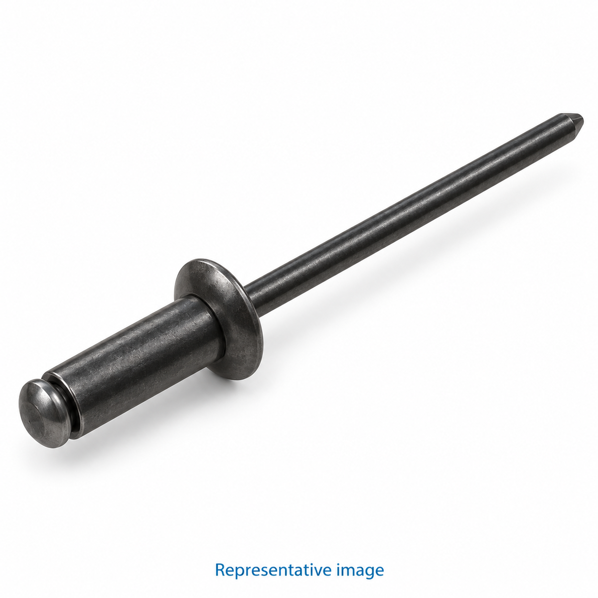 Representative blind pop rivet with domed flange head, short tubular body and long narrow straight mandrel; size and specification vary — see product details