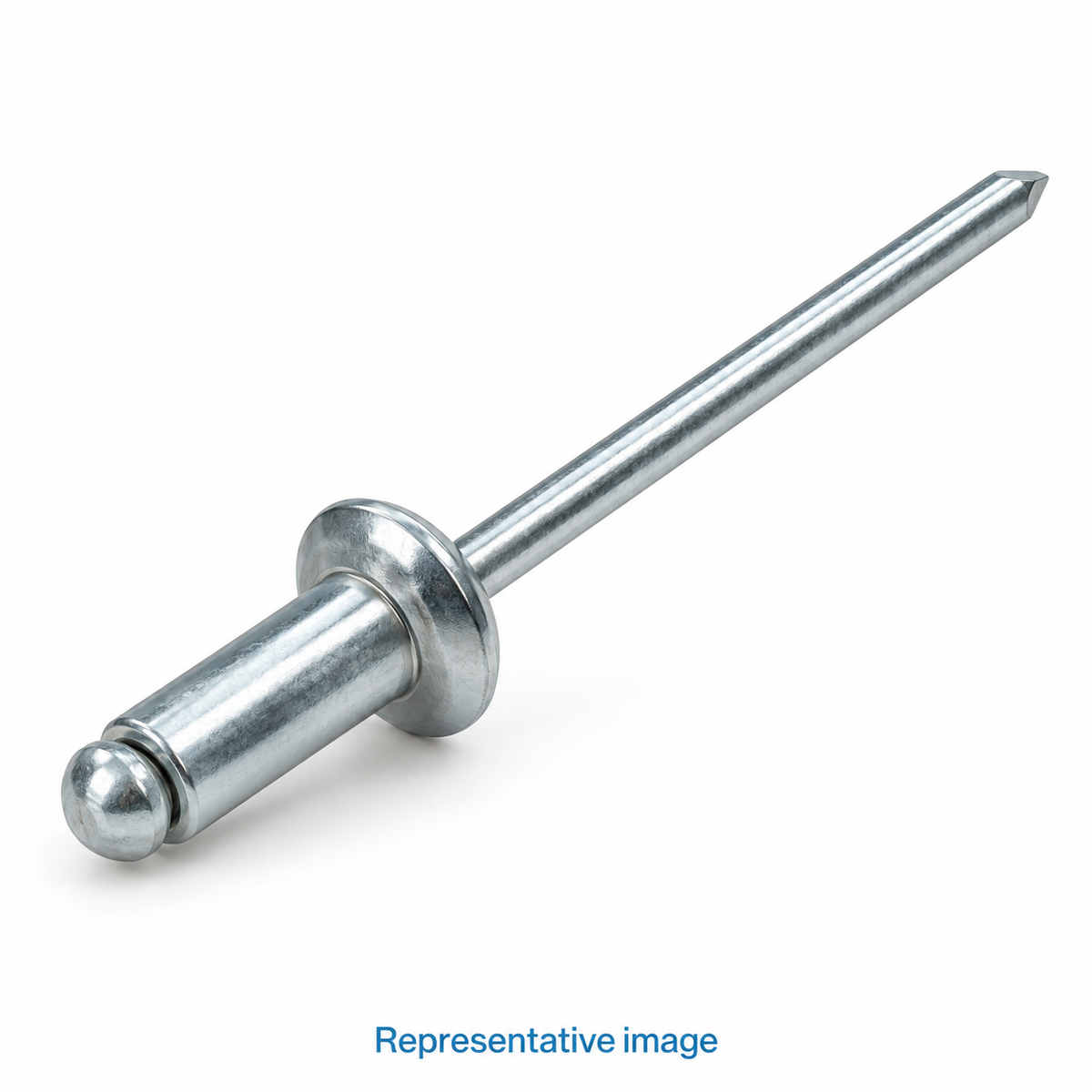 Representative blind pop rivet with domed flange head, short tubular body and long narrow straight mandrel; size and specification vary — see product details