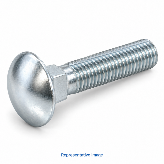 Representative carriage bolt with smooth domed round head, square neck immediately beneath head and threaded shank; size and specification vary — see product details