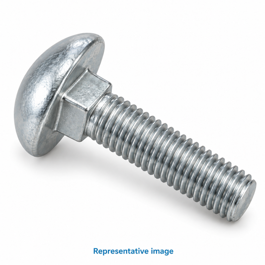 Representative carriage bolt with smooth domed round head, square neck immediately beneath head and threaded shank; size and specification vary — see product details