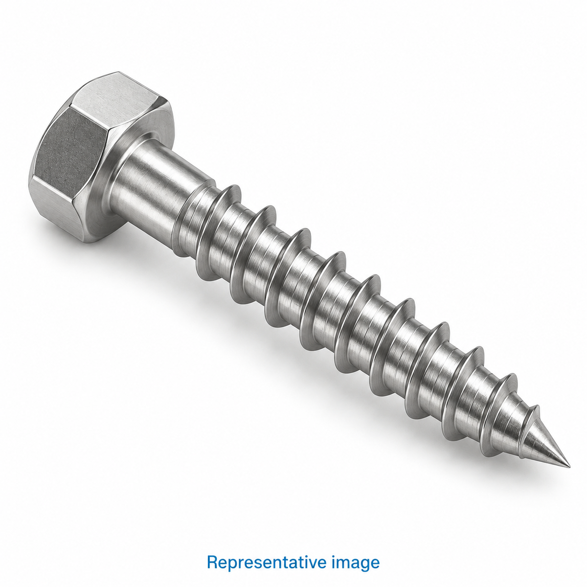 Representative hexagonal head coach screw with coarse wood thread and sharp tapered point; size and specification vary — see product details