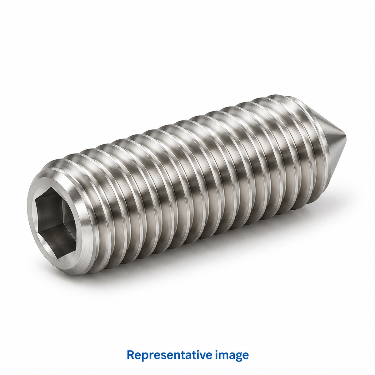 Representative headless fully threaded grub screw with hexagonal socket at one end and a conical point at the other; size and specification vary — see product details