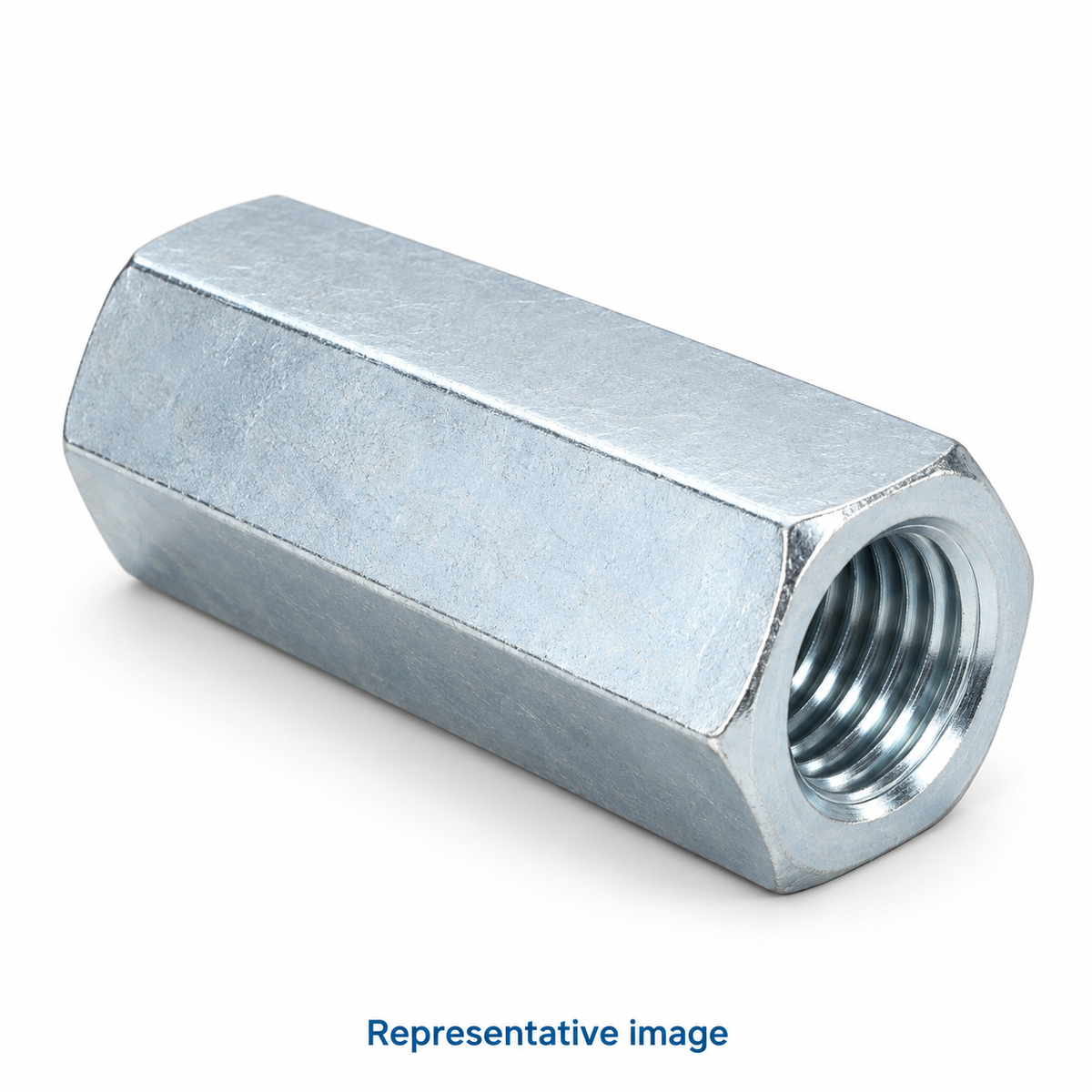 Representative long hexagonal coupling nut with internally threaded circular opening; size and specification vary — see product details