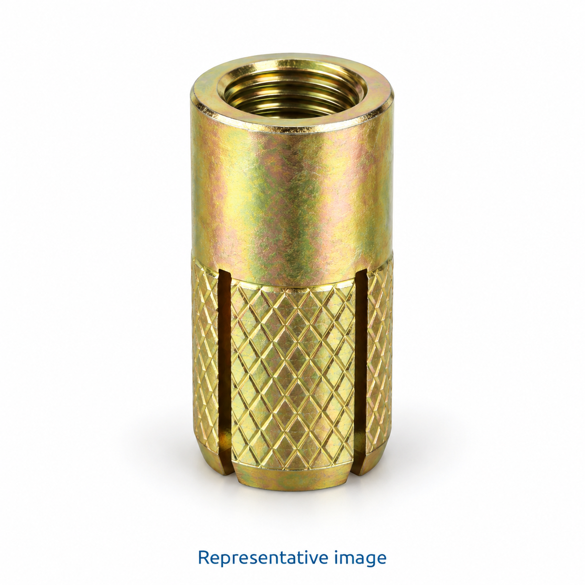 Representative short cylindrical internally threaded drop-in anchor with split lower expansion section; size and specification vary — see product details