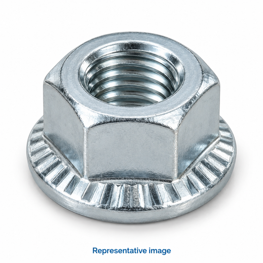 Representative hexagonal flange nut with serrated circular base; size and specification vary — see product details