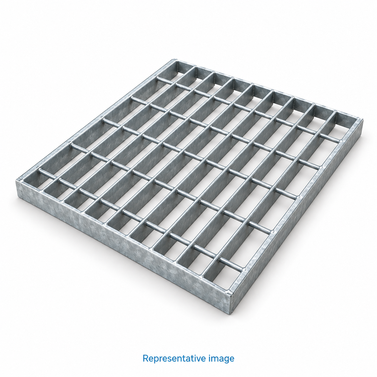 Representative rectangular open steel floor grating panel, parallel bearing bars connected by thinner cross bars; size and specification vary — see product details