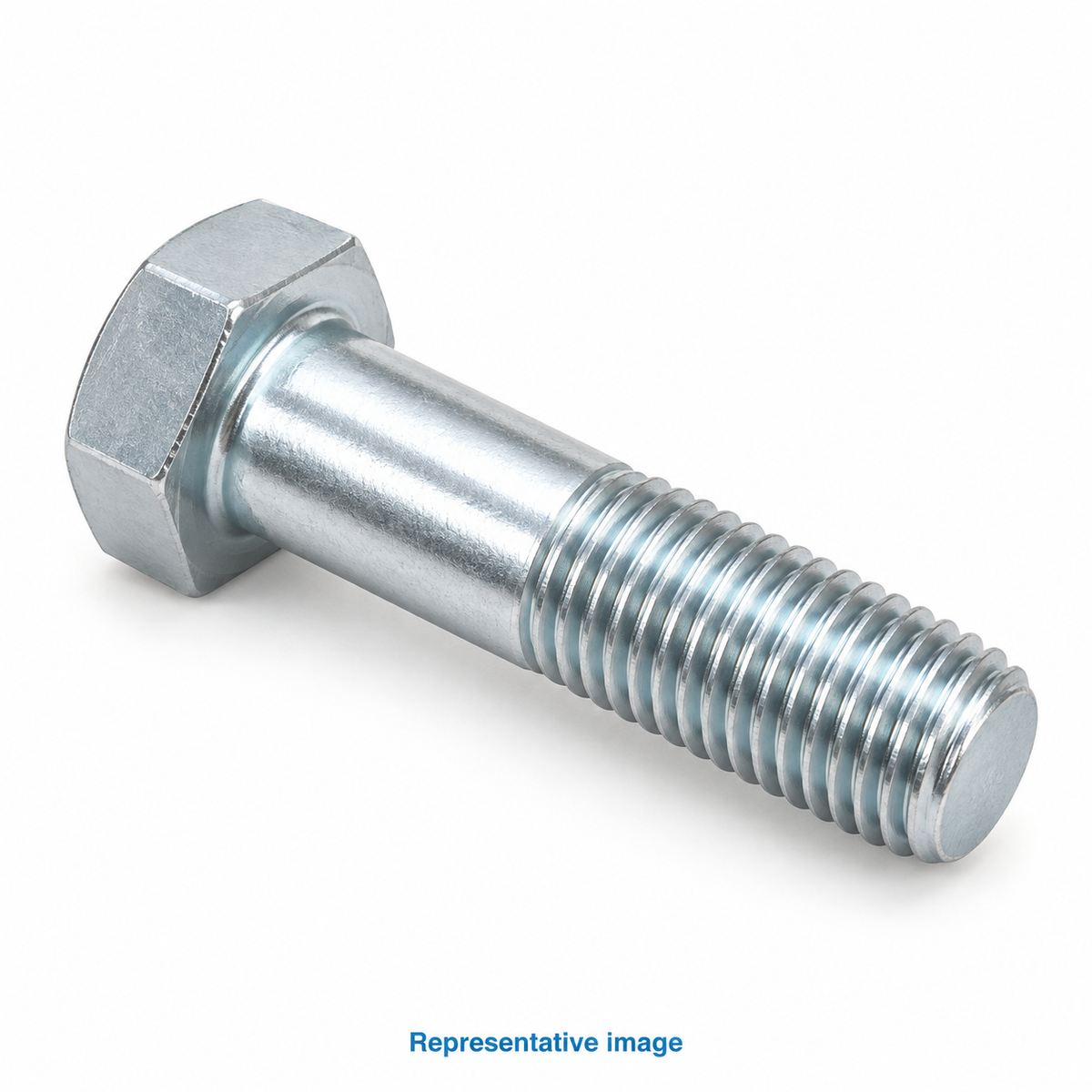 Representative hexagonal head bolt with unthreaded shoulder and partially threaded shank, flat end; size and specification vary — see product details