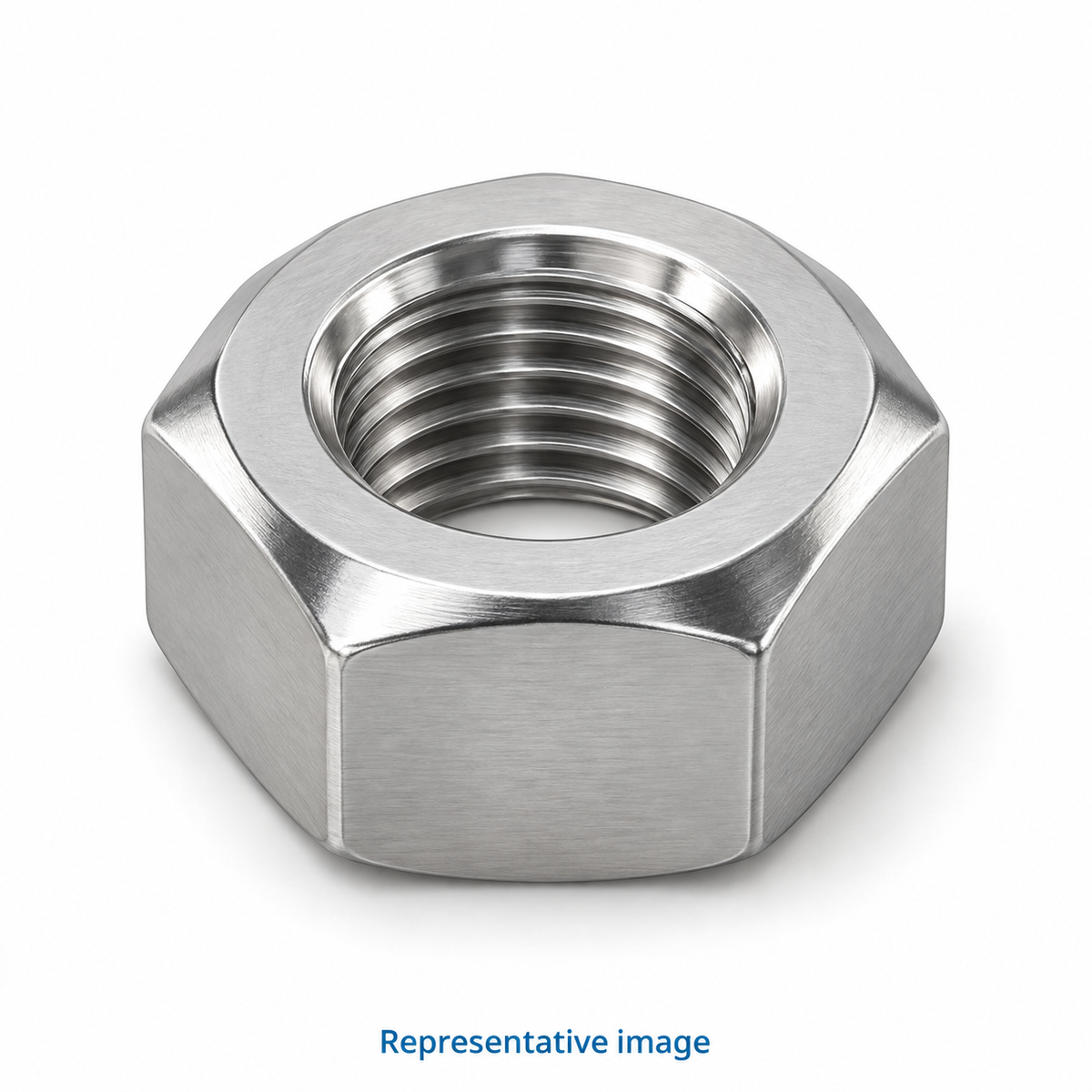 Representative standard hexagonal full nut with threaded circular opening; size and specification vary — see product details