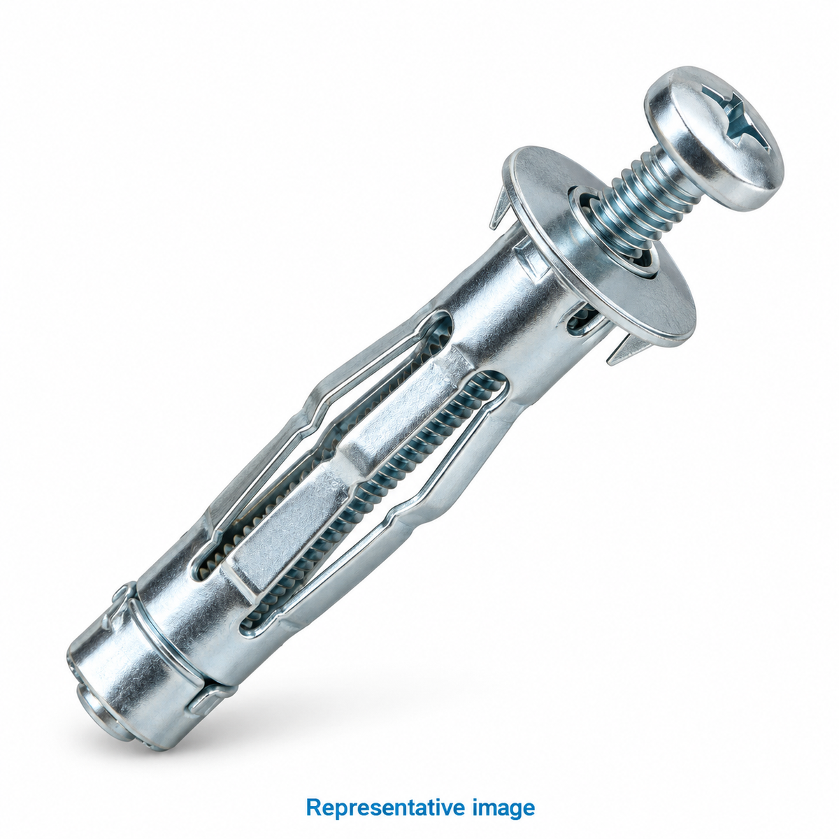 Representative hollow wall metal anchor with screw, flange head and long slotted collapsible sleeve; size and specification vary — see product details