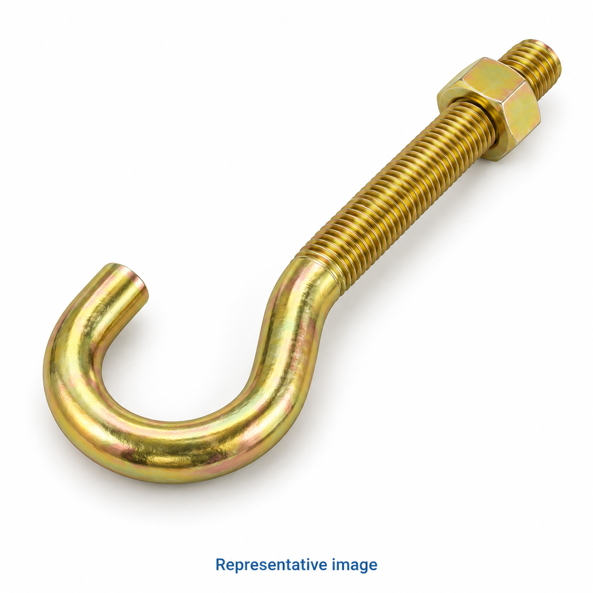 Representative J-shaped hook bolt with threaded straight shank and hex nut; size and specification vary — see product details