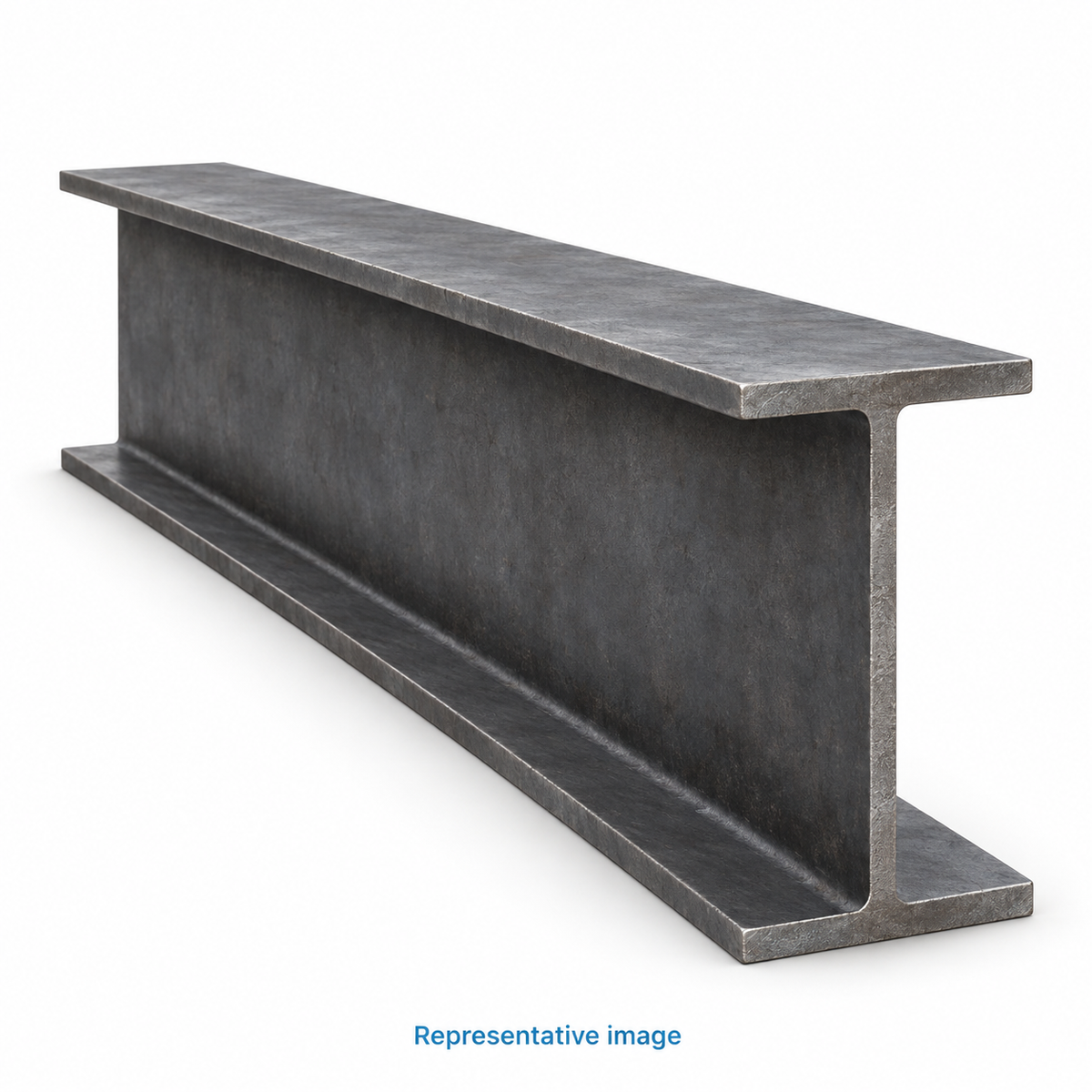 Representative steel I beam showing a deep vertical web and narrow parallel flanges at its exposed end; size and specification vary — see product details