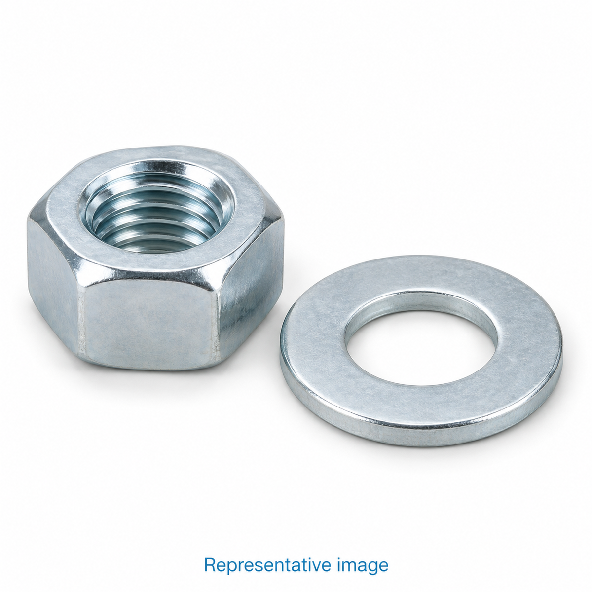Representative hexagonal nut beside one circular flat washer; size and specification vary — see product details