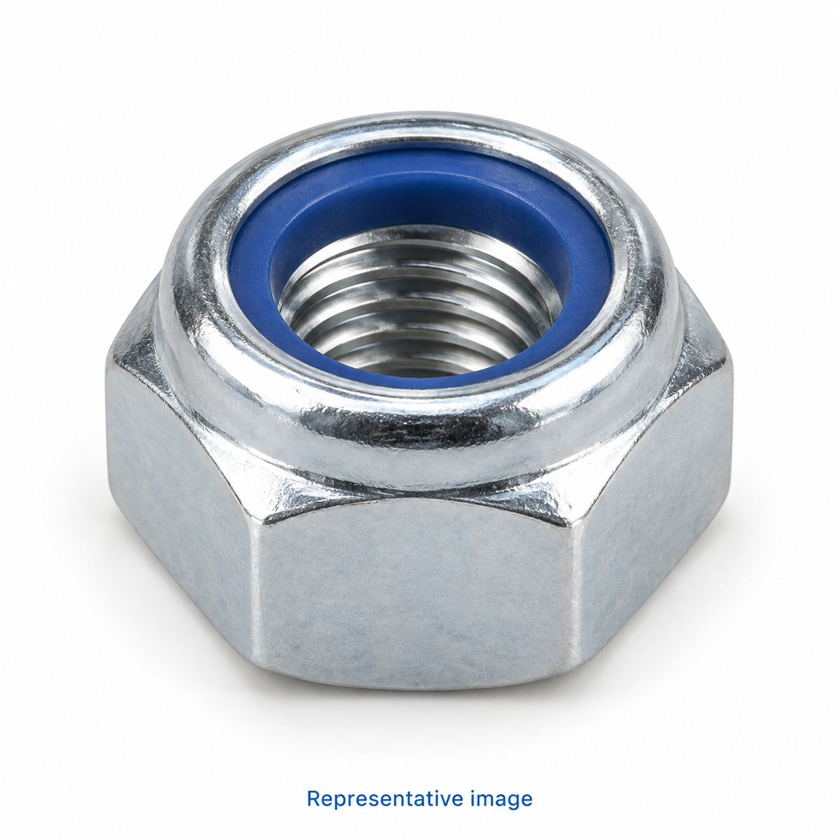 Representative hexagonal nylon insert lock nut with clearly visible blue nylon ring around its threaded opening; size and specification vary — see product details