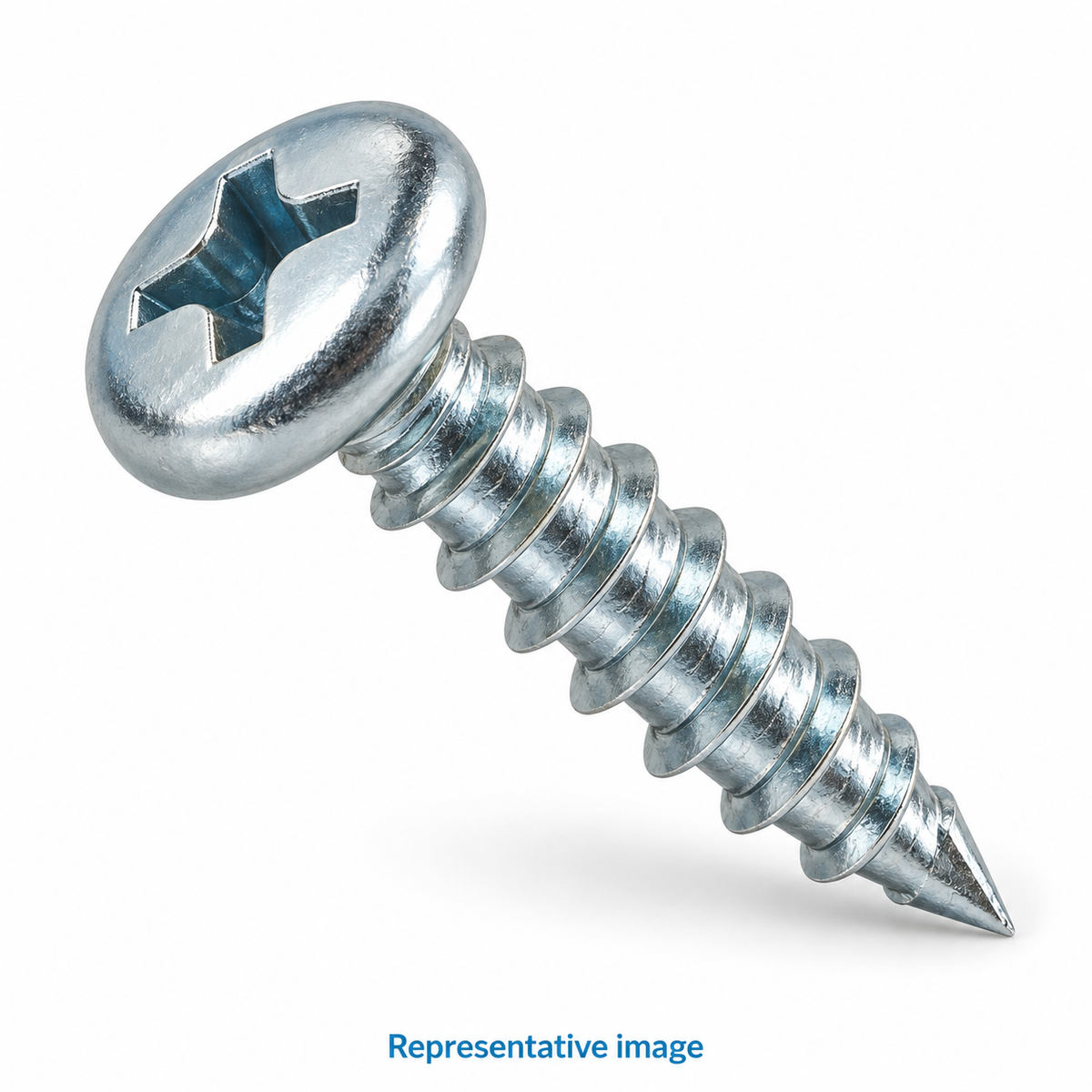 Representative cross-recess pan head self tapping screw with coarse thread and sharp point; size and specification vary — see product details