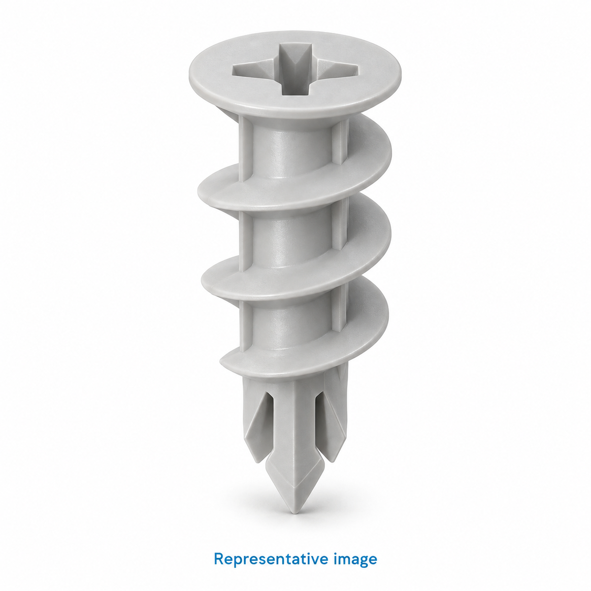 Representative self-drilling plasterboard anchor with broad helical outer thread and cross recess at flanged top; size and specification vary — see product details