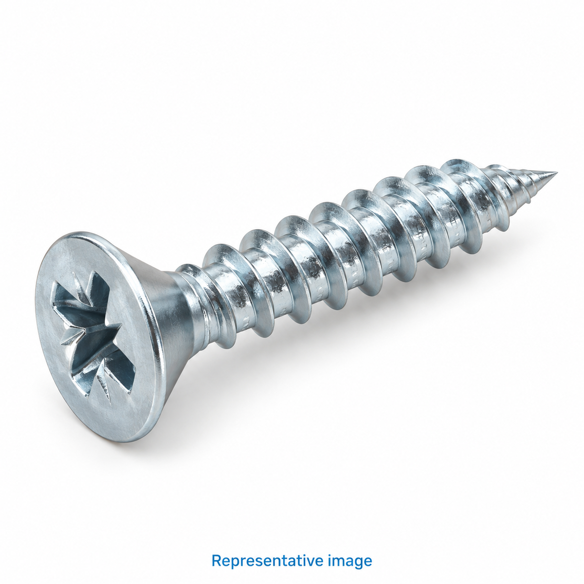 Representative pozidriv cross-recess countersunk screw with coarse thread and sharp tapered point; size and specification vary — see product details