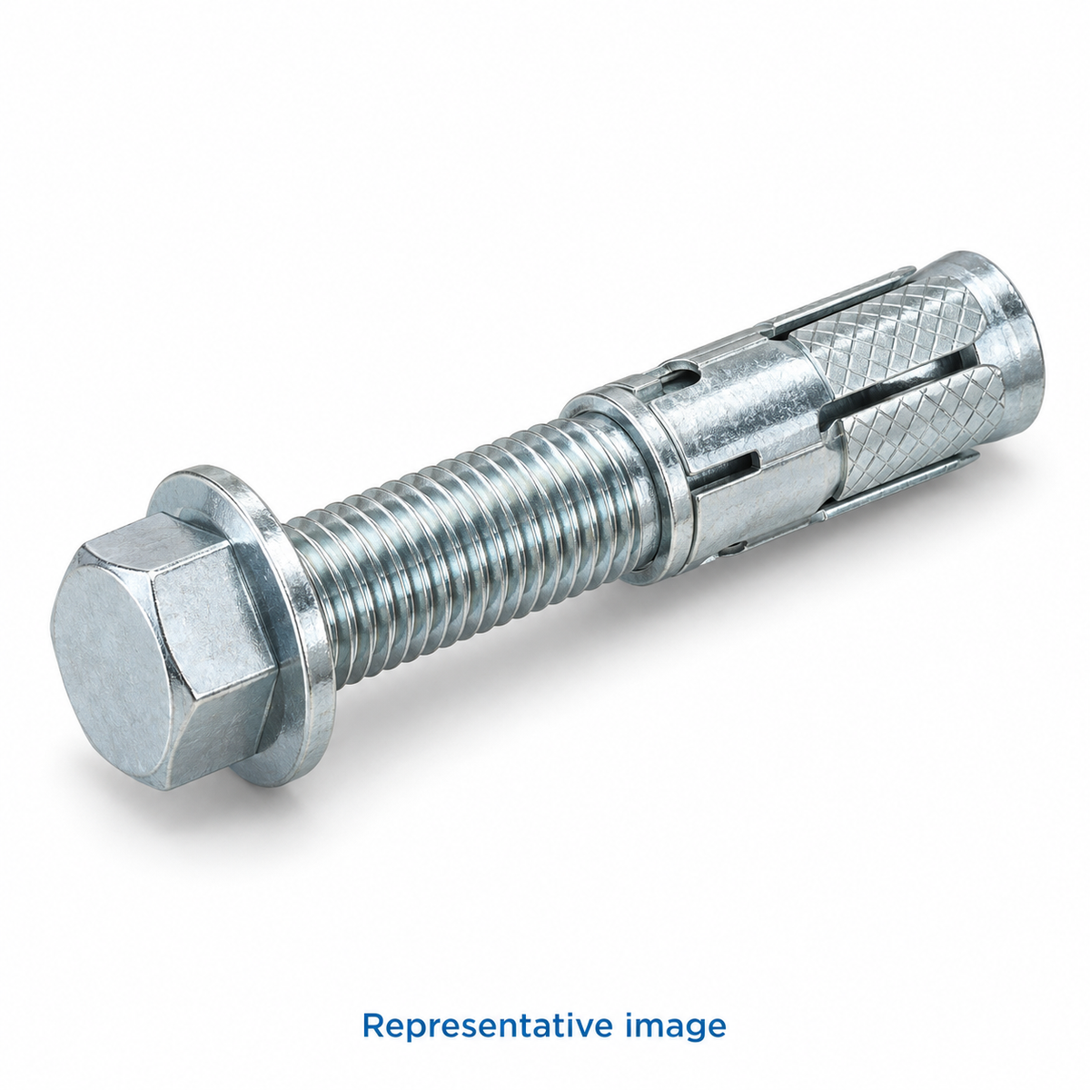 Representative shield anchor with a split metal expansion shield and hexagonal bolt head; size and specification vary — see product details