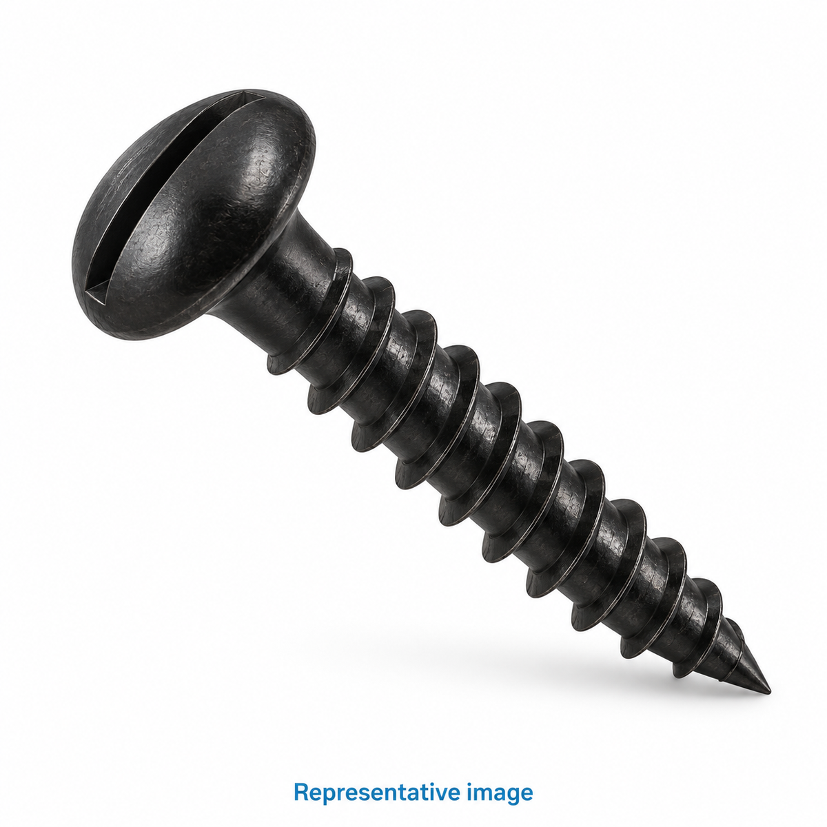 Representative black slotted round head wood screw, single straight slot, coarse thread and tapered point; size and specification vary — see product details