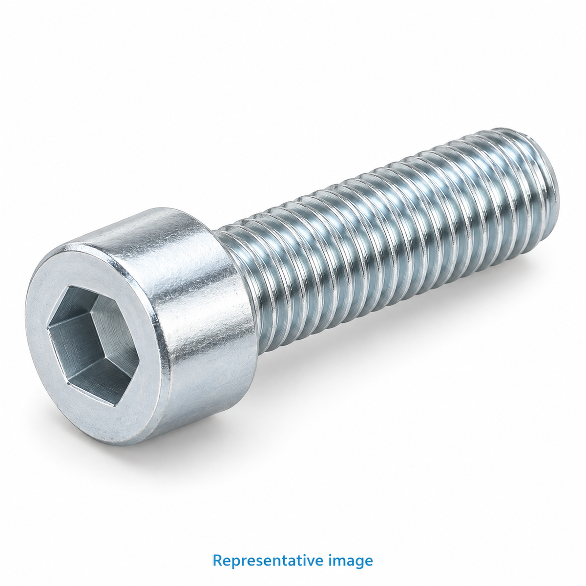 Representative socket cap screw, cylindrical head with recessed hexagonal socket, parallel threaded shank, flat end; size and specification vary — see product details