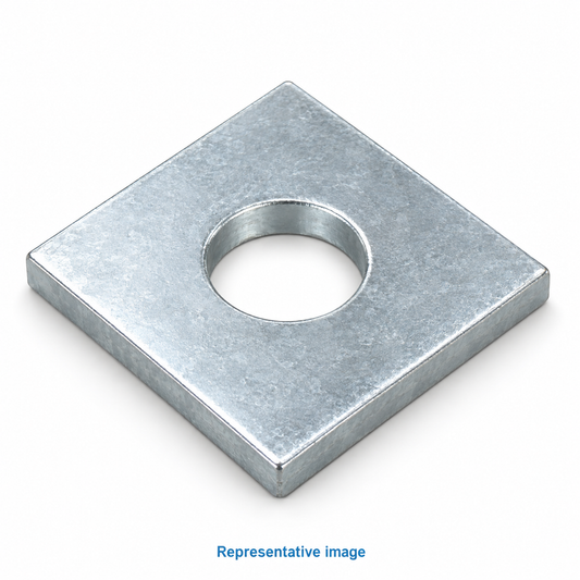 Representative square flat plate washer with circular central hole; size and specification vary — see product details