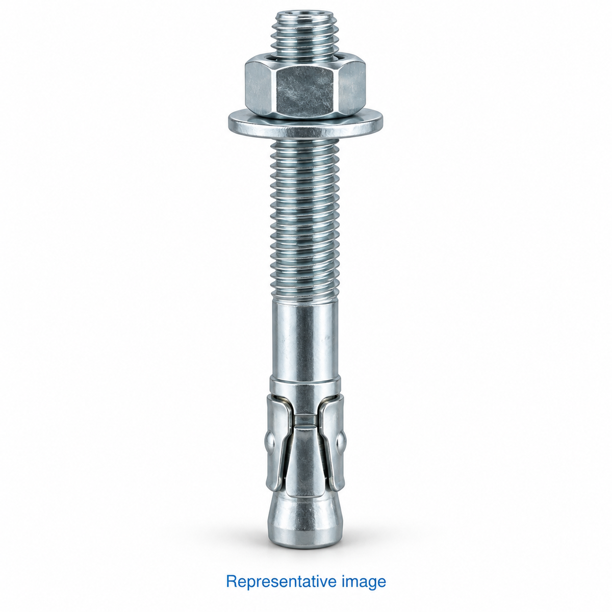Representative throughbolt expansion anchor with threaded upper shank, hex nut and washer, expansion clip at lower end; size and specification vary — see product details
