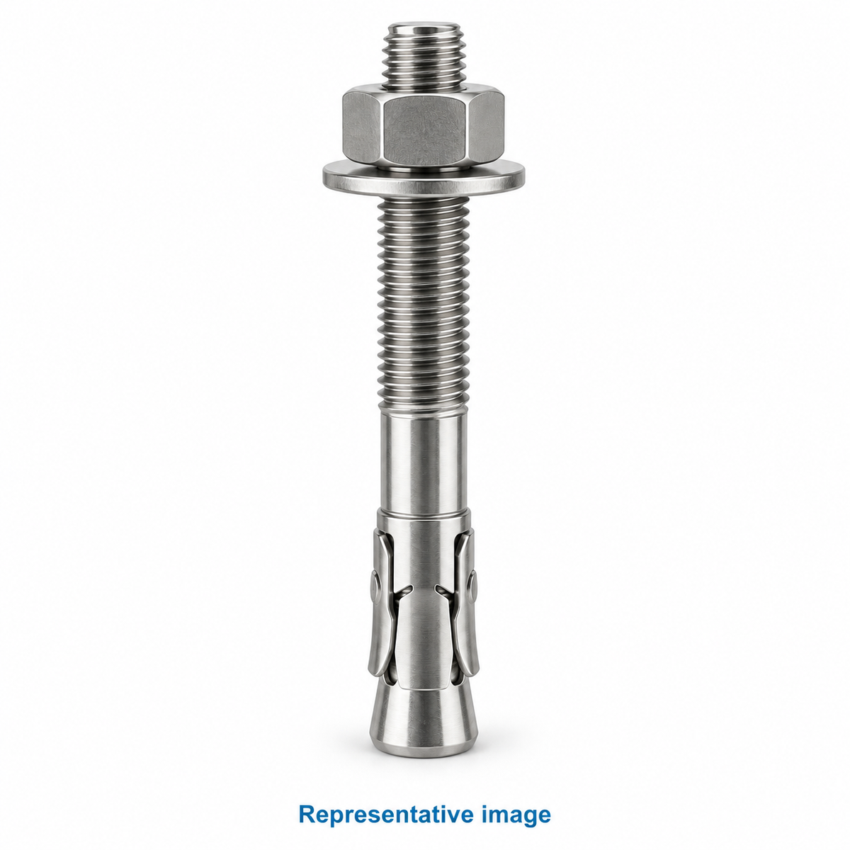 Representative throughbolt expansion anchor with threaded upper shank, hex nut and washer, expansion clip at lower end; size and specification vary — see product details